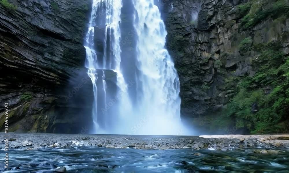 Tilt up with dramatic lighting: A majestic waterfall cascading into a clear pool. The camera tilts up from the pool to the waterfall, capturing the dramatic lighting and the crystal-clear water at the Tilt up with dramatic lighting: A majestic waterfall cascading into a clear pool. The camera tilts up from the pool to the waterfall, capturing the dramatic lighting and the crystal-clear water at the