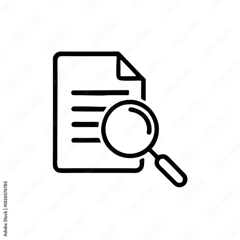Document with magnifying glass design in black line Document with magnifying glass design in black line