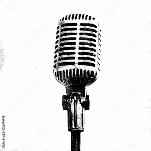 Vintage Microphone with photocopy effect and grunge stippling texture. Y2K vector illustration for posters and t-shirts.