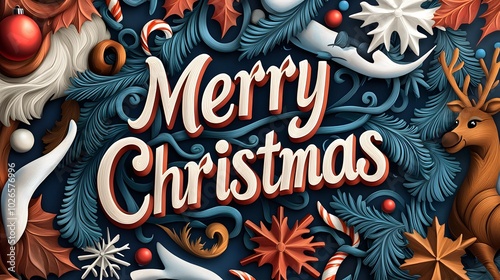 Merry Christmas Holiday Greeting with Reindeer and Ornaments. Illustration 3D For inserting text in Copy spaces