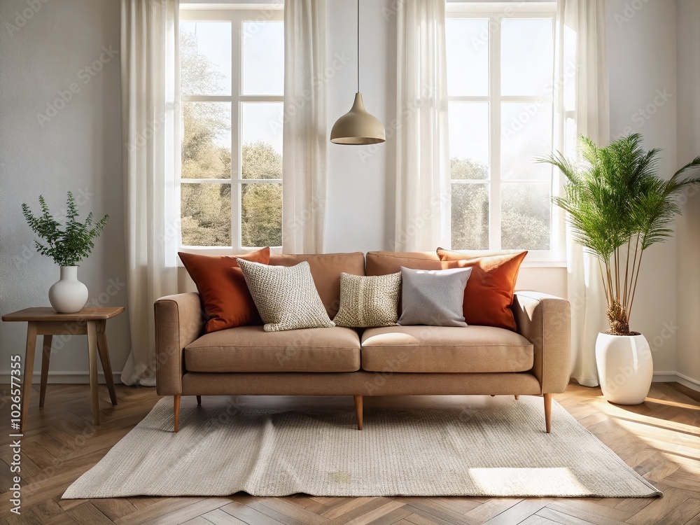 Close-Up of Modern Scandinavian Sofa with Terra Cotta Pillow in Bright Living Room Interior Design Close-Up of Modern Scandinavian Sofa with Terra Cotta Pillow in Bright Living Room Interior Design