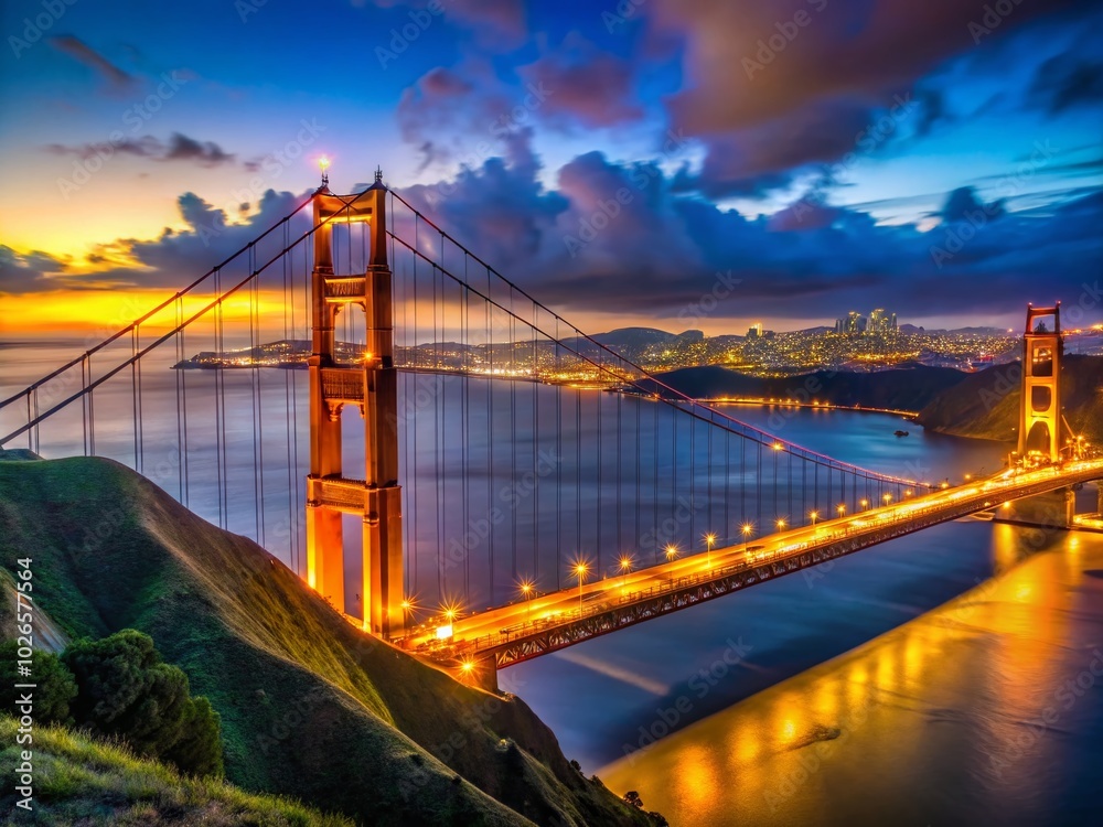 Fototapeta premium Stunning Night Views of the Golden Gate Bridge Illuminated by Lights for Scenic Photography and Urban Landscapes