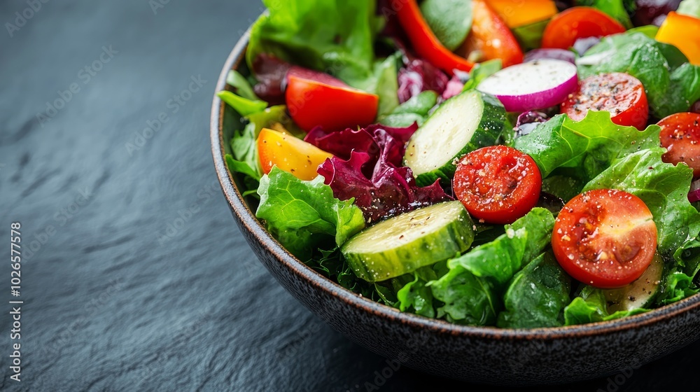 A fresh and colorful salad with lettuce, tomatoes, cucumbers, red onion, and bell peppers in a bowl on a black slate background. A fresh and colorful salad with lettuce, tomatoes, cucumbers, red onion, and bell peppers in a bowl on a black slate background.