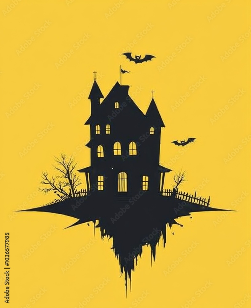Halloween haunted house clip art featuring a simple black silhouette on a vibrant yellow background. Halloween haunted house clip art featuring a simple black silhouette on a vibrant yellow background.