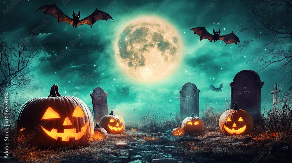 Creepy background with jack-o'-lanterns, tombstones, and bats soaring in the light of a full moon Creepy background with jack-o'-lanterns, tombstones, and bats soaring in the light of a full moon