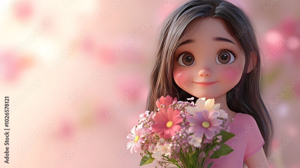 Cute Cartoon Girl Holding Flowers. Illustration 3D For inserting text in Copy spaces