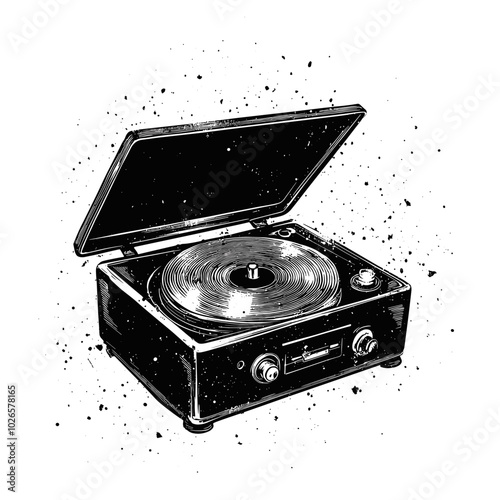 Vintage Music Box with photocopy effect and grunge stippling texture. Y2K vector illustration for posters and t-shirts.