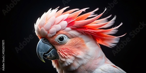 Closeup of Surprised Moluccan Cockatoo on Black Background - Pink Parrot Beauty photo