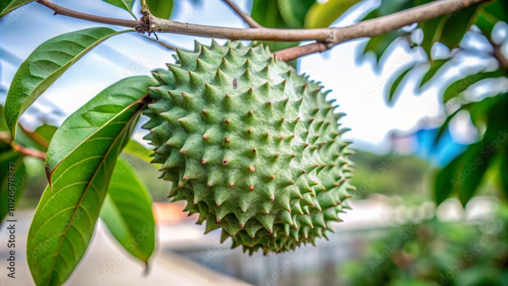Close-Up of Unripe Soursop on Tree - Macro Photography of Tropical Fruit in Garden Setting