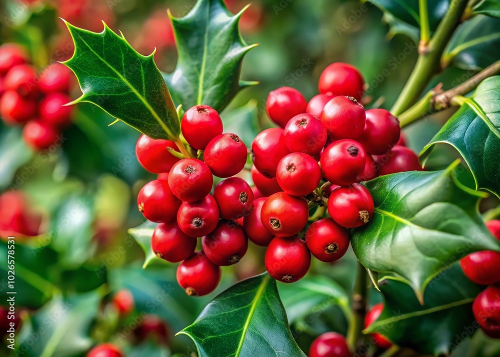 Close-Up of Vibrant Red Holly Berries on a Green Leafy Background for Nature Lovers Close-Up of Vibrant Red Holly Berries on a Green Leafy Background for Nature Lovers