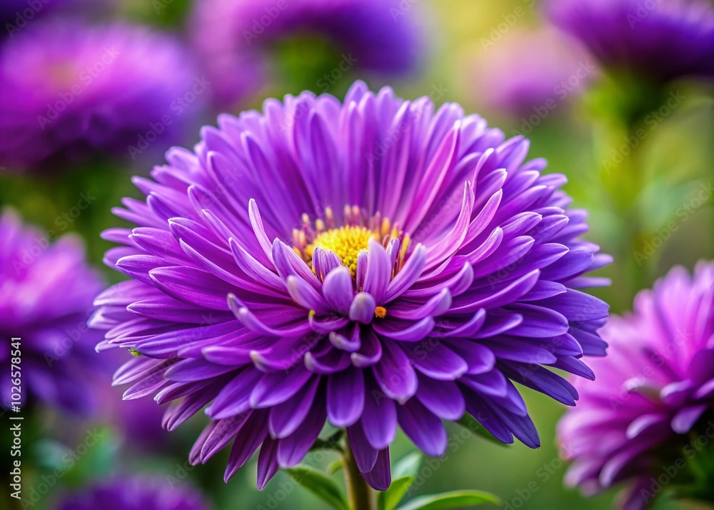 Closeup of Violet Aster Flower in Bloom - Rich Purple Chrysanthemum Type with High Depth of Field for Closeup of Violet Aster Flower in Bloom - Rich Purple Chrysanthemum Type with High Depth of Field for