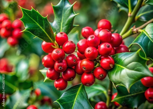 Close-Up of Vibrant Red Holly Berries on a Green Leafy Background for Nature Lovers