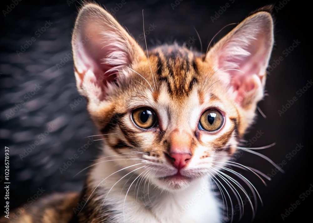Close-Up Portrait of Brown and White Oriental Cat Kitten on Black Background - Adorable Feline Photography Close-Up Portrait of Brown and White Oriental Cat Kitten on Black Background - Adorable Feline Photography
