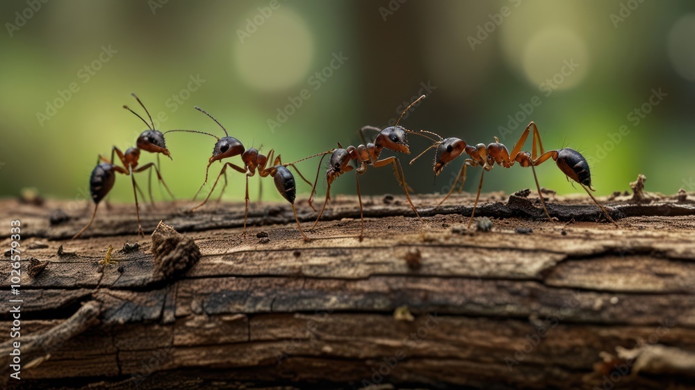 Four red ants walking in a line on a piece of wood. Four red ants walking in a line on a piece of wood.