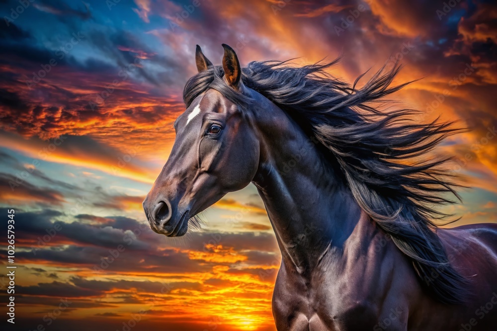 Close-Up Silhouette Portrait of a Majestic Black Horse Against a Sunset Sky Close-Up Silhouette Portrait of a Majestic Black Horse Against a Sunset Sky