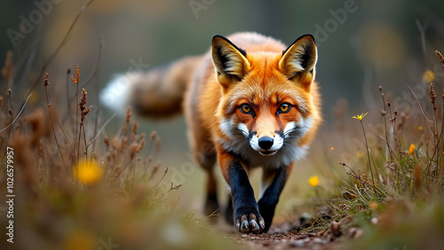 Fox Walking Through a Meadow Surrounded by Wildflowers in Soft Focus