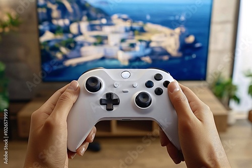 Person holding white game controller playing videogame photo