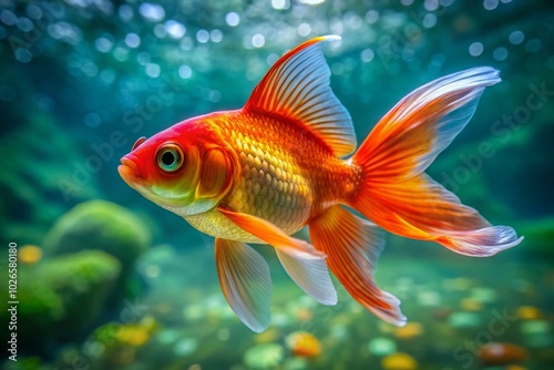 Stunning Red Capped Goldfish Swimming Gracefully in Crystal Clear Water - Ideal for Aquatic and Nature Photography