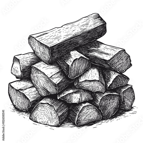 Stacked firewood with photocopy effect and grunge stippling texture. Y2K vector illustration for posters and t-shirts.