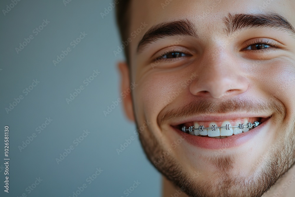 Young man with modern braces on teeth, dental care concept Young man with modern braces on teeth, dental care concept