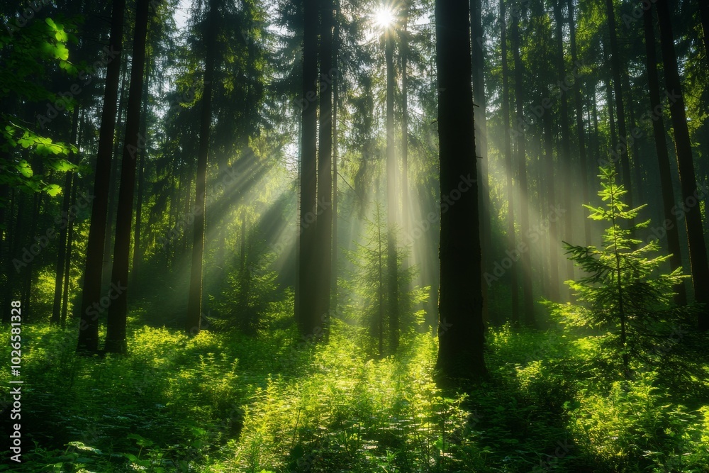 Obraz premium Sunlight Rays Piercing Through Dense Forest Canopy
