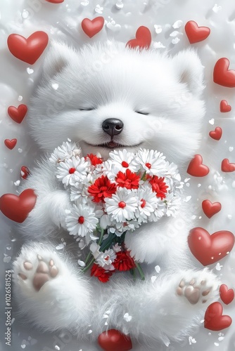 A joyful samoyed puppy holding a bouquet of flowers, surrounded by hearts, ideal for a thank-you card 