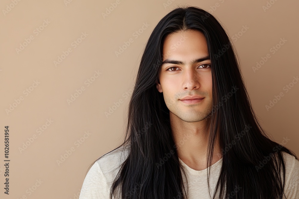 Obraz premium Portrait of handsome woman with model face and long black hair