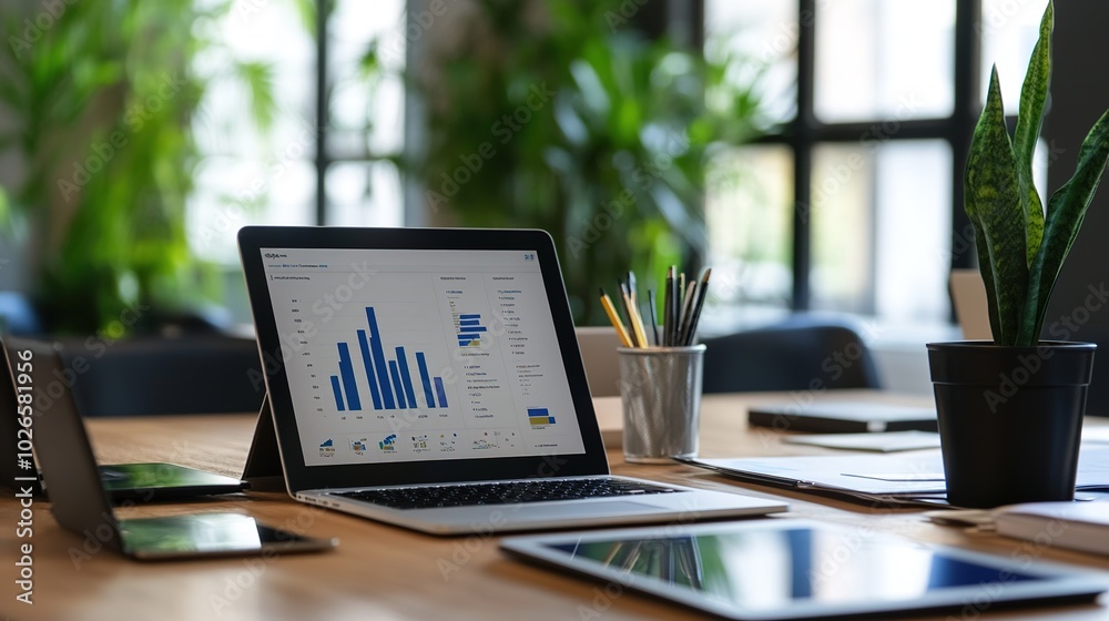 Business conference room with laptops, tablets, and charts Business conference room with laptops, tablets, and charts
