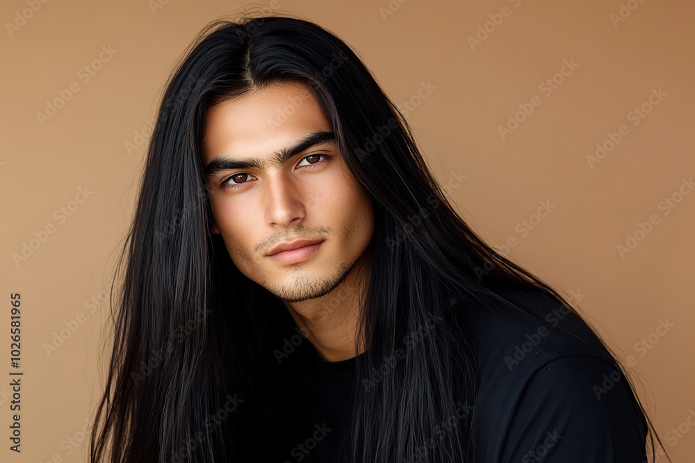 Portrait of handsome woman with model face and long black hair Portrait of handsome woman with model face and long black hair