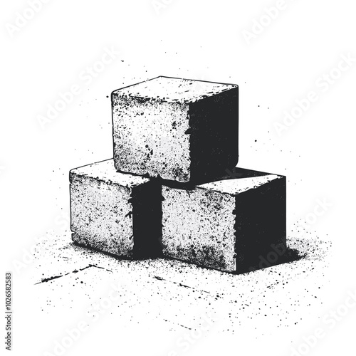 Cinder blocks with photocopy effect and grunge stippling texture. Y2K vector illustration for posters and t-shirts.