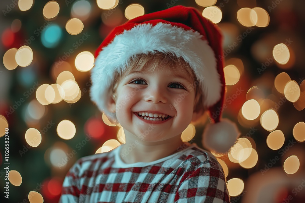 Smiling child boy in checkered pajamas and red santa hat on blurred fir tree lights background