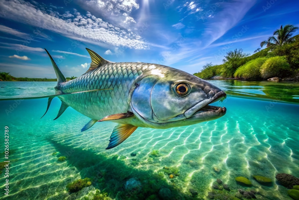 Fototapeta premium Stunning Tarpon Fish Pictures: Captivating Images of Tarpon in Crystal Clear Waters for Nature and Fishing Enthusiasts