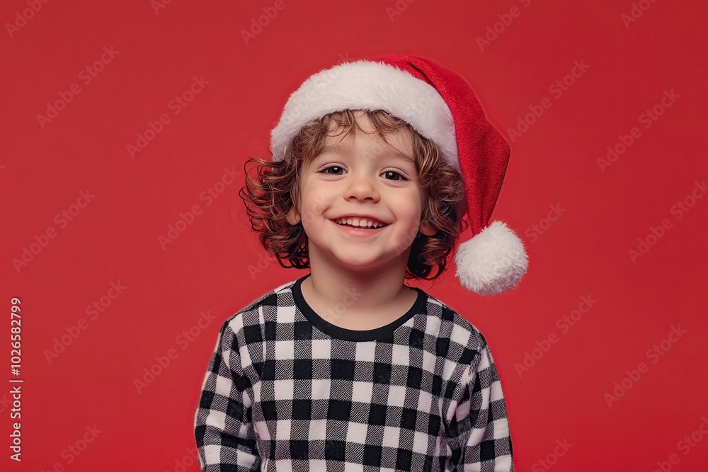 Smiling child boy in checkered pajamas and red santa hat Smiling child boy in checkered pajamas and red santa hat