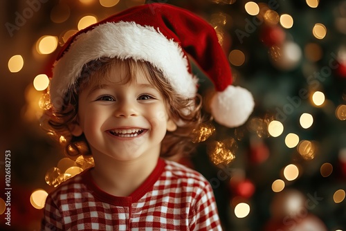 Smiling child boy in checkered pajamas and red santa hat on blurred fir tree lights background