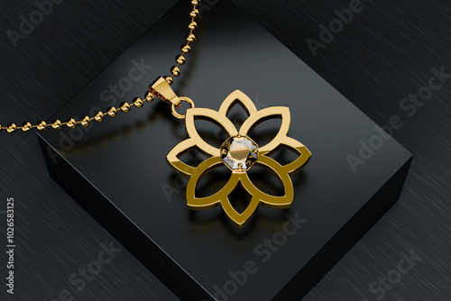 Beautiful Lotus Shaped Gold Diamond Pendant - 3D Illustration Render