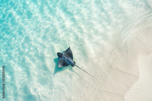 A stingray swims on the white sand underwater