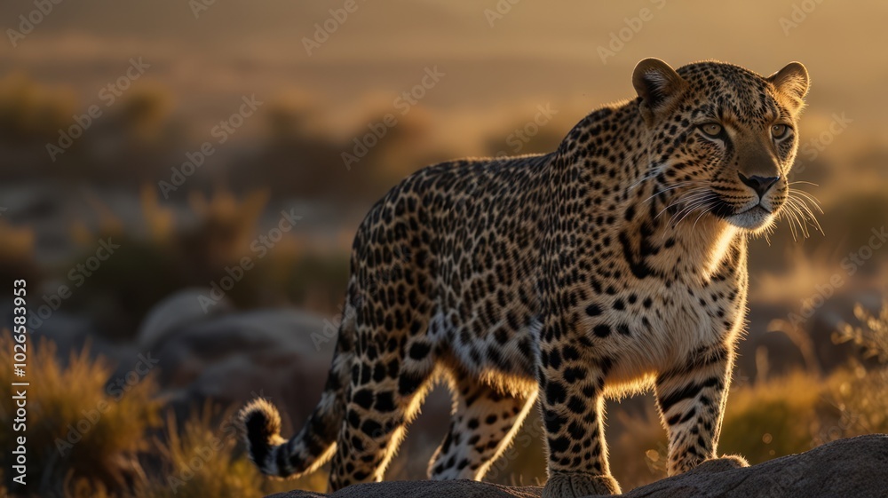 Fototapeta premium A leopard stands on a rock with the sun setting behind it. The leopard's fur is a beautiful pattern of black spots on a golden background.