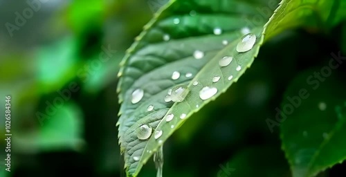 water drops on a green leaf