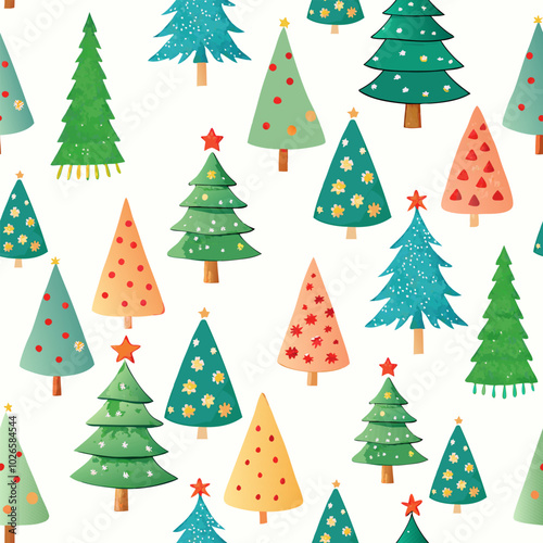 funny watercolor cristmas trees childish vector seamless pattern photo