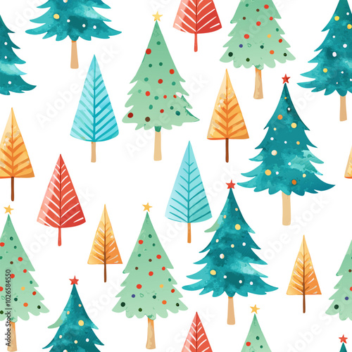 funny hand painted watercolor cristmas trees childish vector seamless pattern