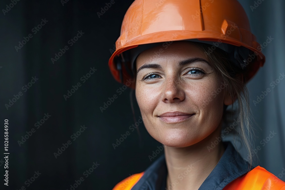 Portrait of female worker in helmet and safety vest on grey background Portrait of female worker in helmet and safety vest on grey background