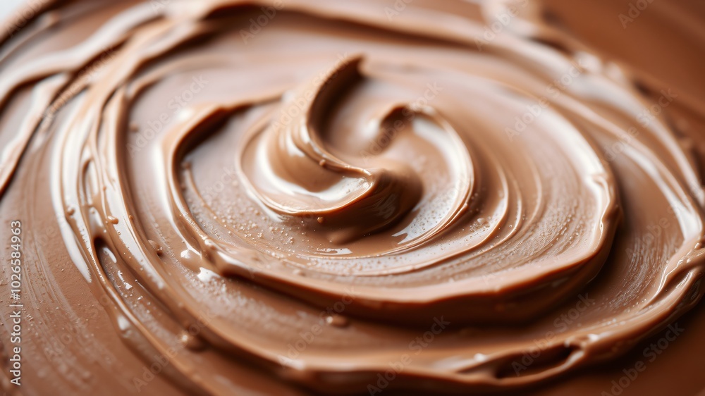 Creamy chocolate swirls on a plate, showcasing rich texture and sheen in natural light Creamy chocolate swirls on a plate, showcasing rich texture and sheen in natural light
