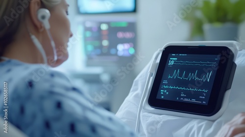 AI-powered portable ECG monitor, tracking real-time heart data, close-up of device with patient in a medical facility 