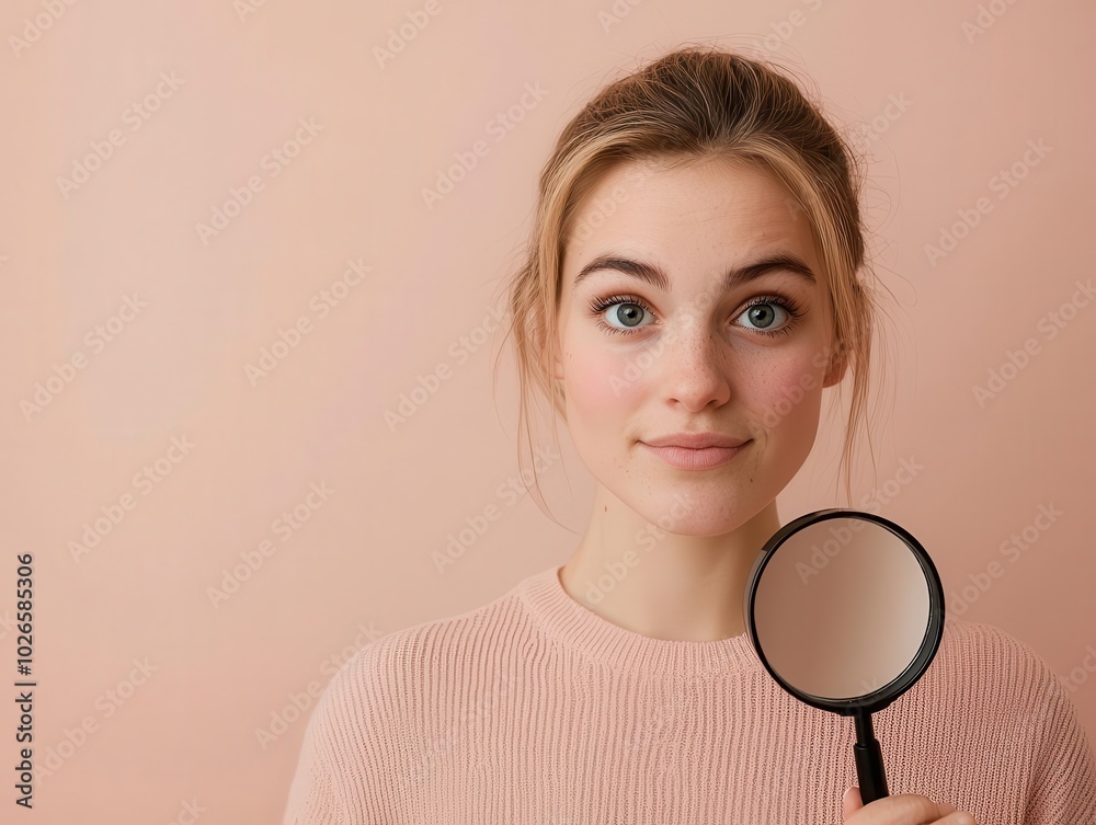 A young woman checking her skin under a magnifying glass, focusing on potential skin cancer risk, Selfexamination, Skin cancer awareness A young woman checking her skin under a magnifying glass, focusing on potential skin cancer risk, Selfexamination, Skin cancer awareness