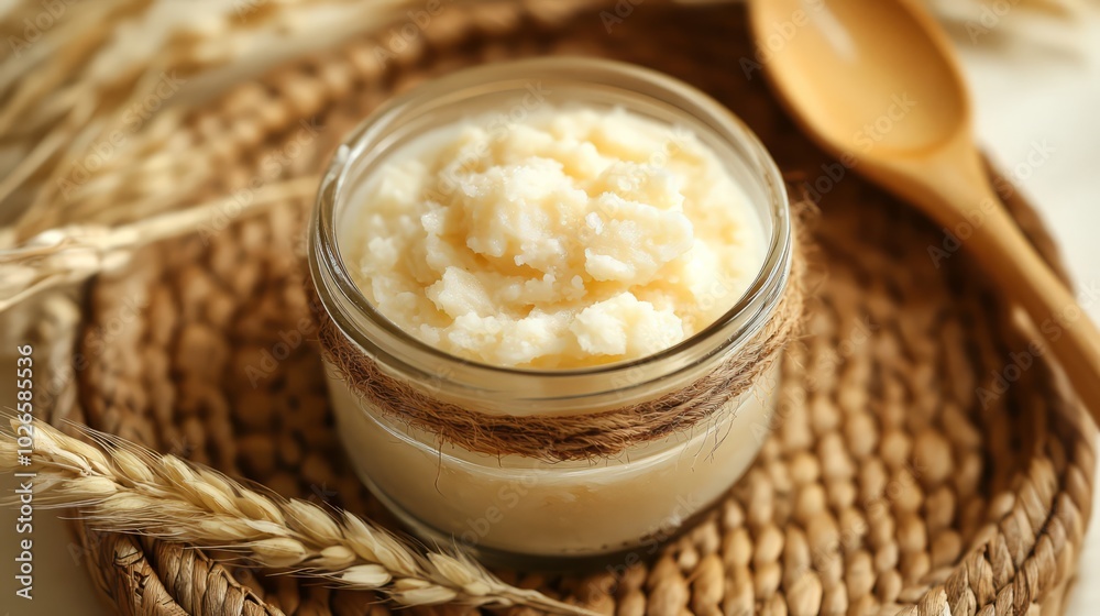 Creamy delicacy in glass jar: A close-up view of a small glass jar filled with a creamy, smooth textured food item. The jar is placed on a woven surface with wooden spoon beside it. Creamy delicacy in glass jar: A close-up view of a small glass jar filled with a creamy, smooth textured food item. The jar is placed on a woven surface with wooden spoon beside it.