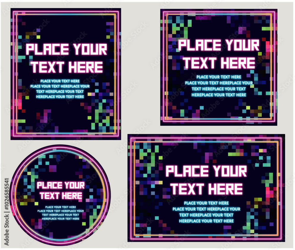 tarjeta o baner con elementos modernos y tecnologicos estilo neon con colores llamativos y pixeles neon, texto full editable