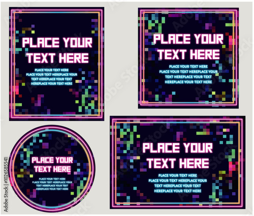 tarjeta o baner con elementos modernos y tecnologicos estilo neon con colores llamativos y pixeles neon, texto full editable