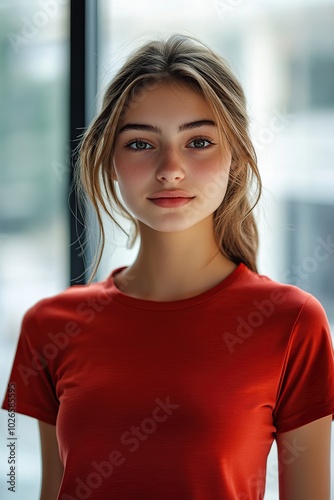 Charming sporty healthy young woman wearing red t-shirt