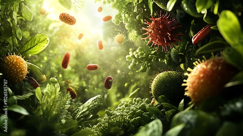 A digital biology exhibit showcasing the genetic diversity of various microorganisms and their ecological roles photo