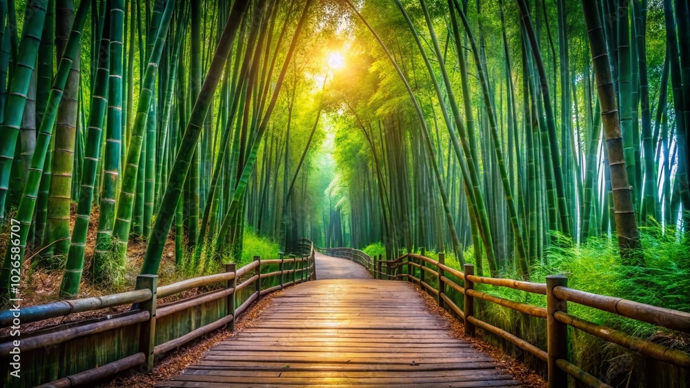 Obraz premium Tranquil Bamboo Forest Pathway Surrounded by Lush Greenery for Nature Lovers and Serenity Seekers in a Peaceful